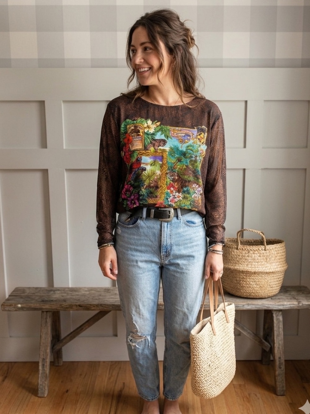 Carole Little Brown Jungle Motif Long Sleeve Blouse Size 4